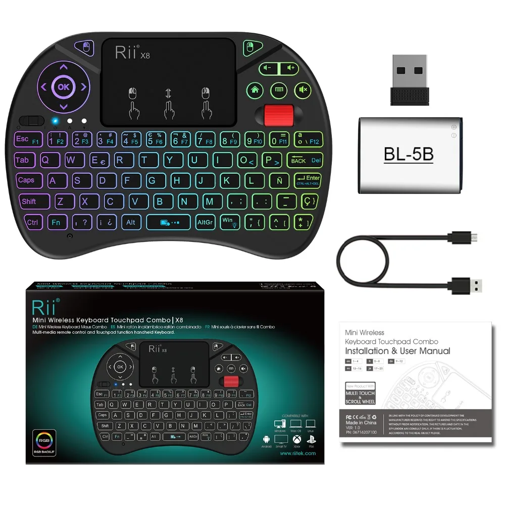 Rii-teclado inalámbrico X8 de 2,4 GHz con panel táctil retroiluminado para PC/Android TV box/IPad