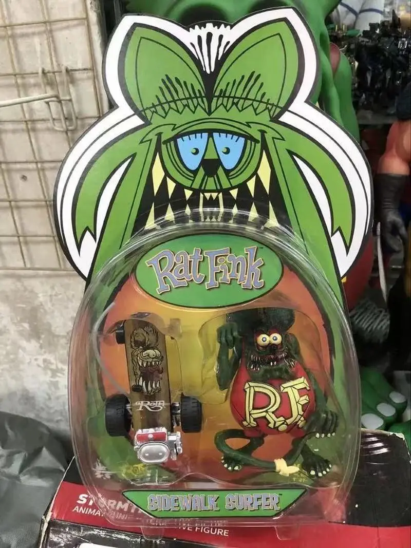 Hamburg And Rose Rat Fink Toy Action Figure Mouse Fink American Locomotive Culture Figurines Decoration Color Box Packaging