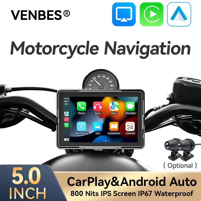 

VENBES 5-Inch Motorcycle Carplay Android Auto Portable Navigation For Motor With DVR IP67 GPS BT 5.0