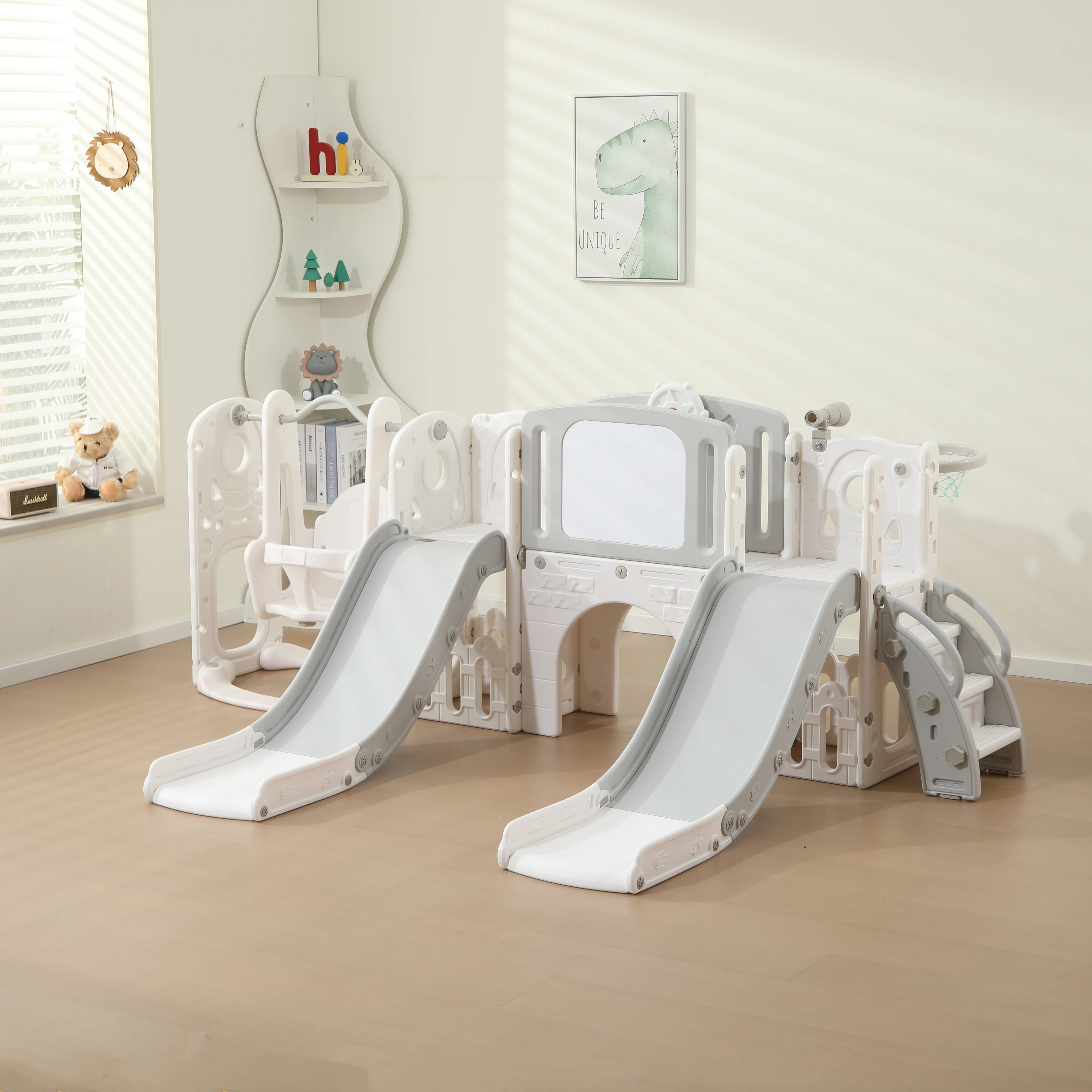 مجموعة منزلق أرجوحة للأطفال الصغار مع لوحة رسم على شكل طوق كرة السلة، مجموعات لعب متسلق للاستخدام الداخلي والخارجي للأطفال