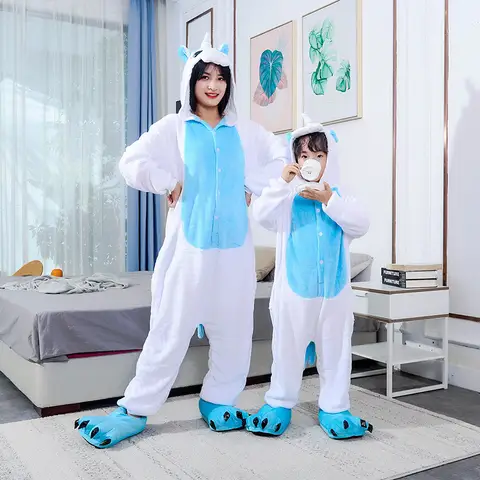 Kigurumi 블루 유니콘 동물 만화 Onesies 플란넬 잠옷 여성 남성 후드 잠옷 점프 슈트 애니메이션 코스프레 의상