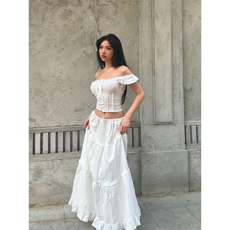 Harajuku Beach Style Fashion 2 Piece Sets Women Casual Crop Tops + Elegant Midi Skirt 2000s Outifts Clothing Korean Style Suits