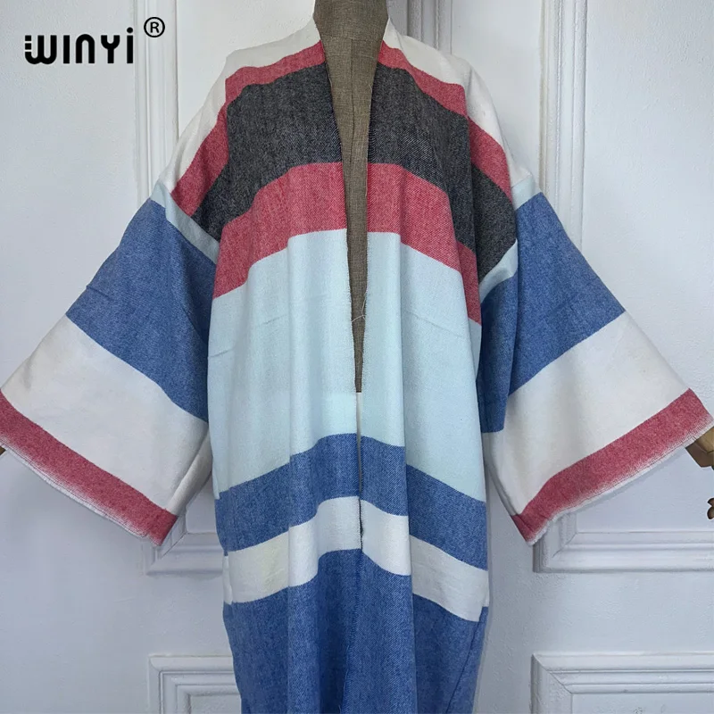 WINYI-Cardigan imprimé à rayures classiques pour femme, kimono africain, pardessus maxi, optique, manteau long chaud, mode moyen-orient, abaya, hiver
