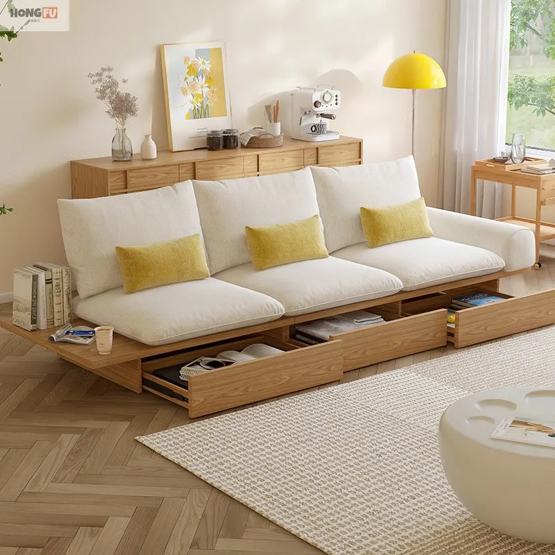 Japanese-style floor sofa Solid wood with drawers Small apartment living room removable and washable fabric Floor-to-ceiling Jap