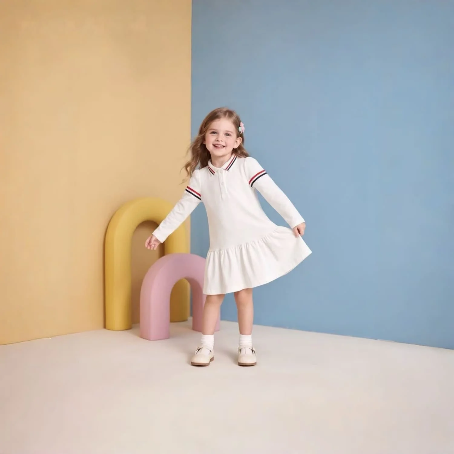 Designer Children Clothes Girls Long Sleeve Dresses with Striped All Season Casual Cotton Dress for Autumn Back to School Wear