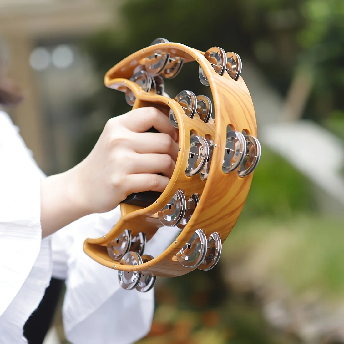 Coffee Color Wood Grain Double-layer Tambourine Half Moon Shaped Hand Bell for Performance Party Portable Musical Instrument