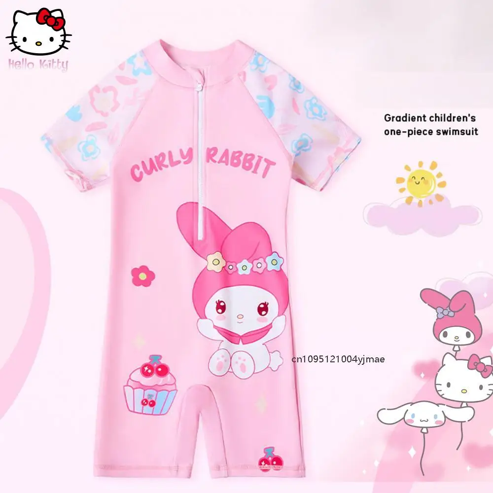 

Kawaii Sanrios Anime Cinnamoroll Children's One-Piece Swimsuit Summer 2025 Cartoon Kuromi Melody Short Sleeve for Girl Swimwear