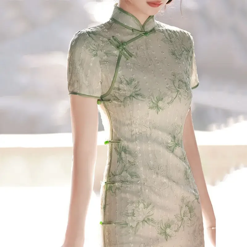 

Летнее женское зеленое платье Cheongsam, элегантное винтажное китайское платье Ципао с разрезом, традиционная восточная одежда в стиле ретро, Cheongsam