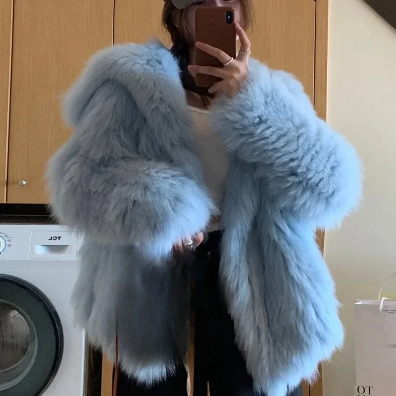 

Осенне-зимняя короткая темно-синяя шуба с воротником из искусственного лисьего меха, женская экологически чистая кожаная куртка, свободная дорожная куртка с длинными рукавами