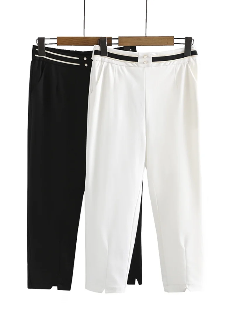 High Waist Casual Pants for Women Summer 2023 Korean Style Big Size Cuffed Double Buckle Straight Leg Seven-Foot Pants