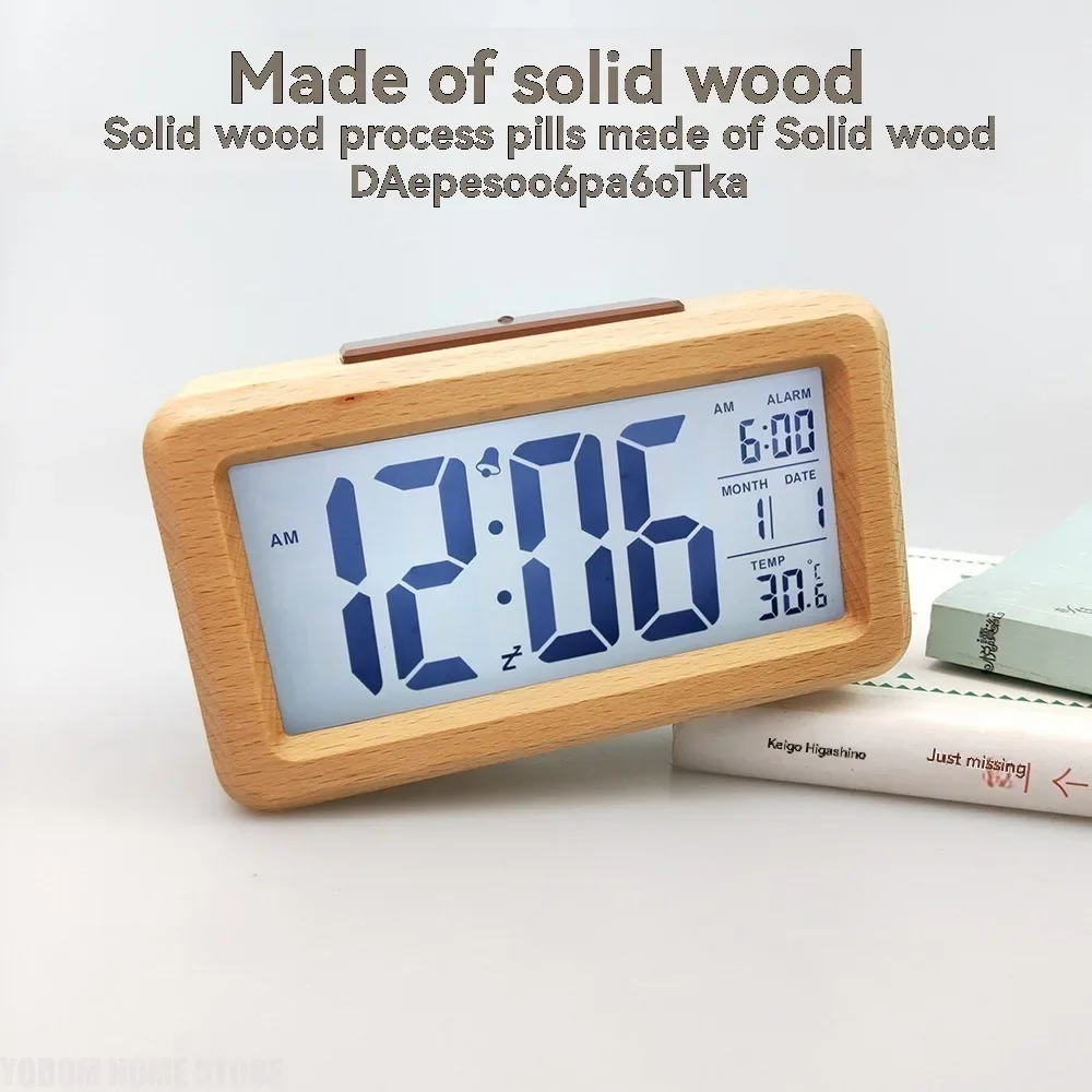 Wooden Large LED Digital Alarm Clock, Smart Sensor Night Light With Snooze, Date, Temperature, 12/24Hr Switchable