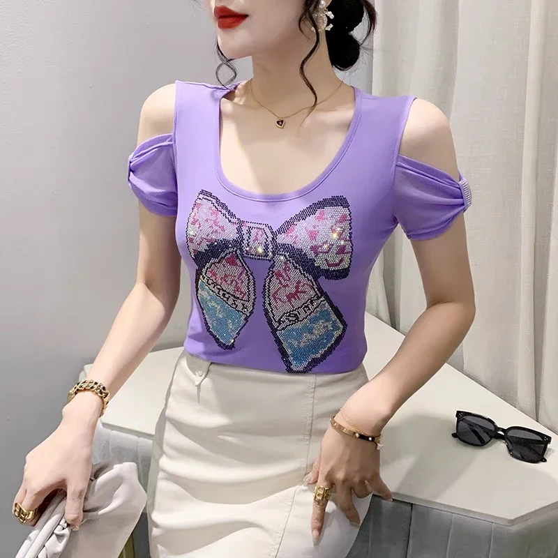 

New Summer European Clothes T-Shirt Chic O-Neck Shiny Diamonds Bow Women Tops Sexy Off Shoulder Short Sleeve Girl Tees ZT20