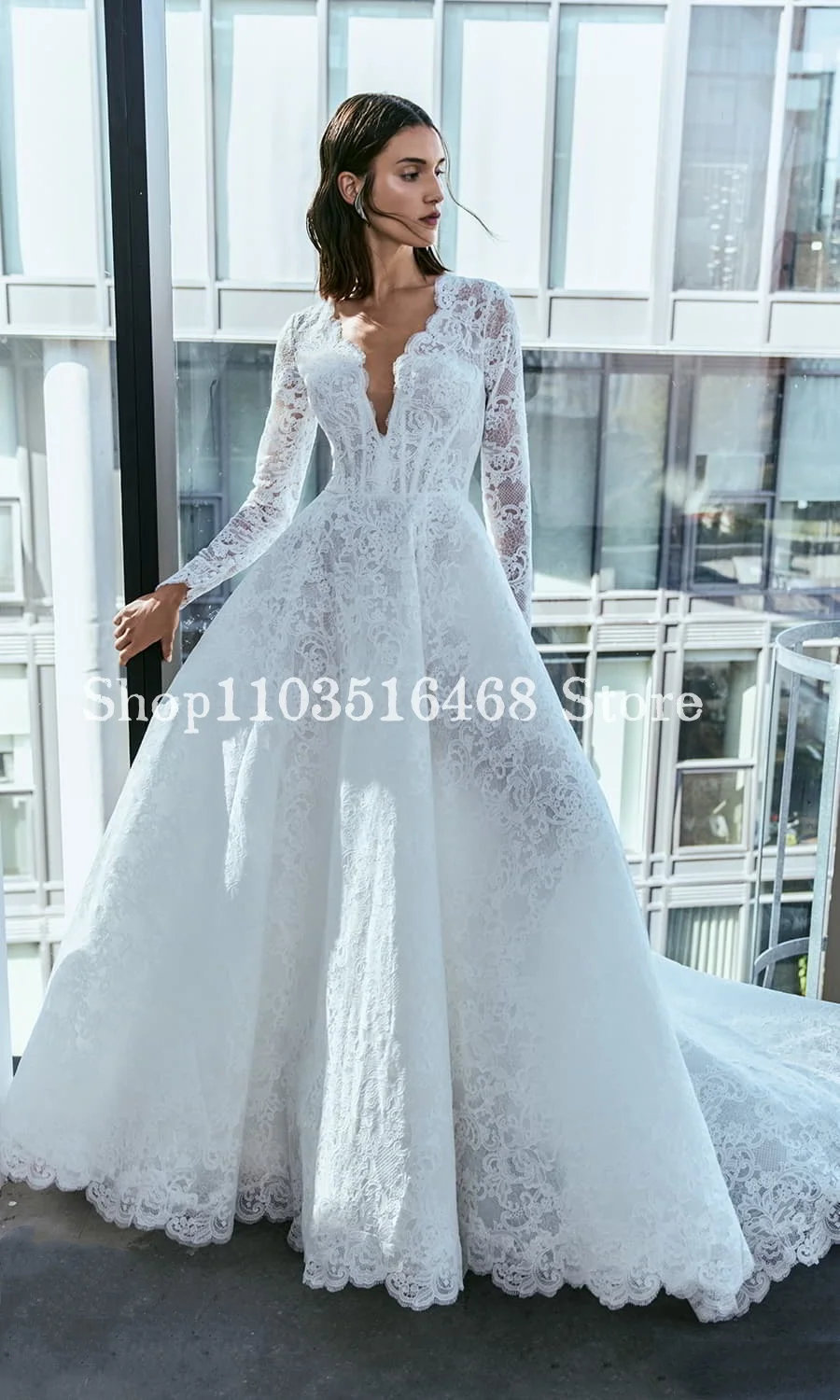 Sexy formelle Gelegenheit Hochzeit weiß schiere bestickte Schleier Langarm A-Linie lange Brautkleider vestidos novias boda