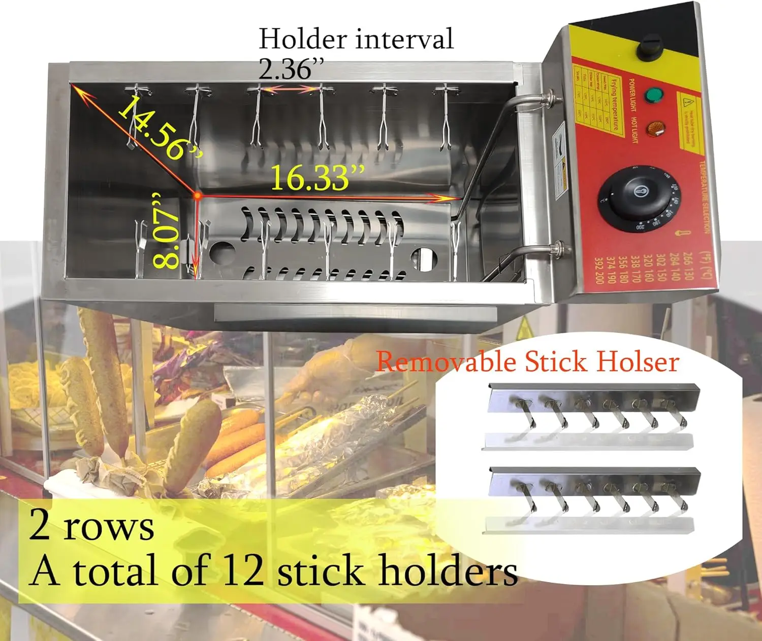 ماكينة مقلاة كلب الذرة الكهربائية التجارية، 110 فولت/1.8 كيلو وات، سعة كبيرة 25 لتر، 12 حامل عصا، مقلاة كهربائية عميقة للكلب الساخن