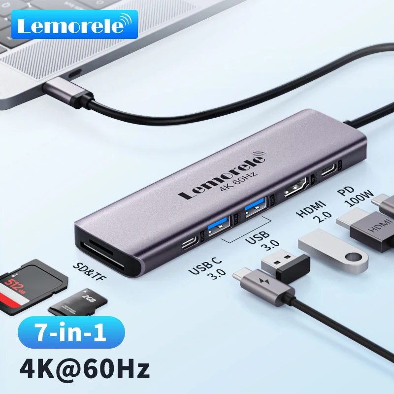 

Lemorele TC45L Порты 7-в-1 USB 3.0 Hub Type C 3.0 Быстрое зарядное устройство 4k@60HZ HDMI USB C Док-станция для Windows MacOS ноутбука Dell