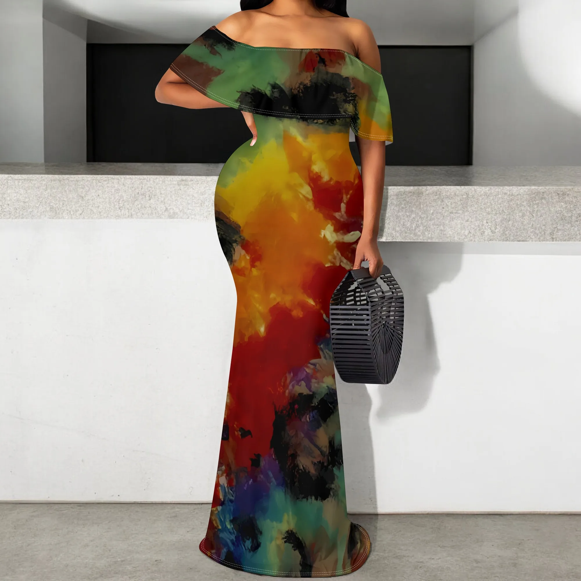 

Women's Off Shoulder Abstract Print Maxi Dress S-3XL Elegant Bodycon Mermaid Gown for Party & Vacation 2025