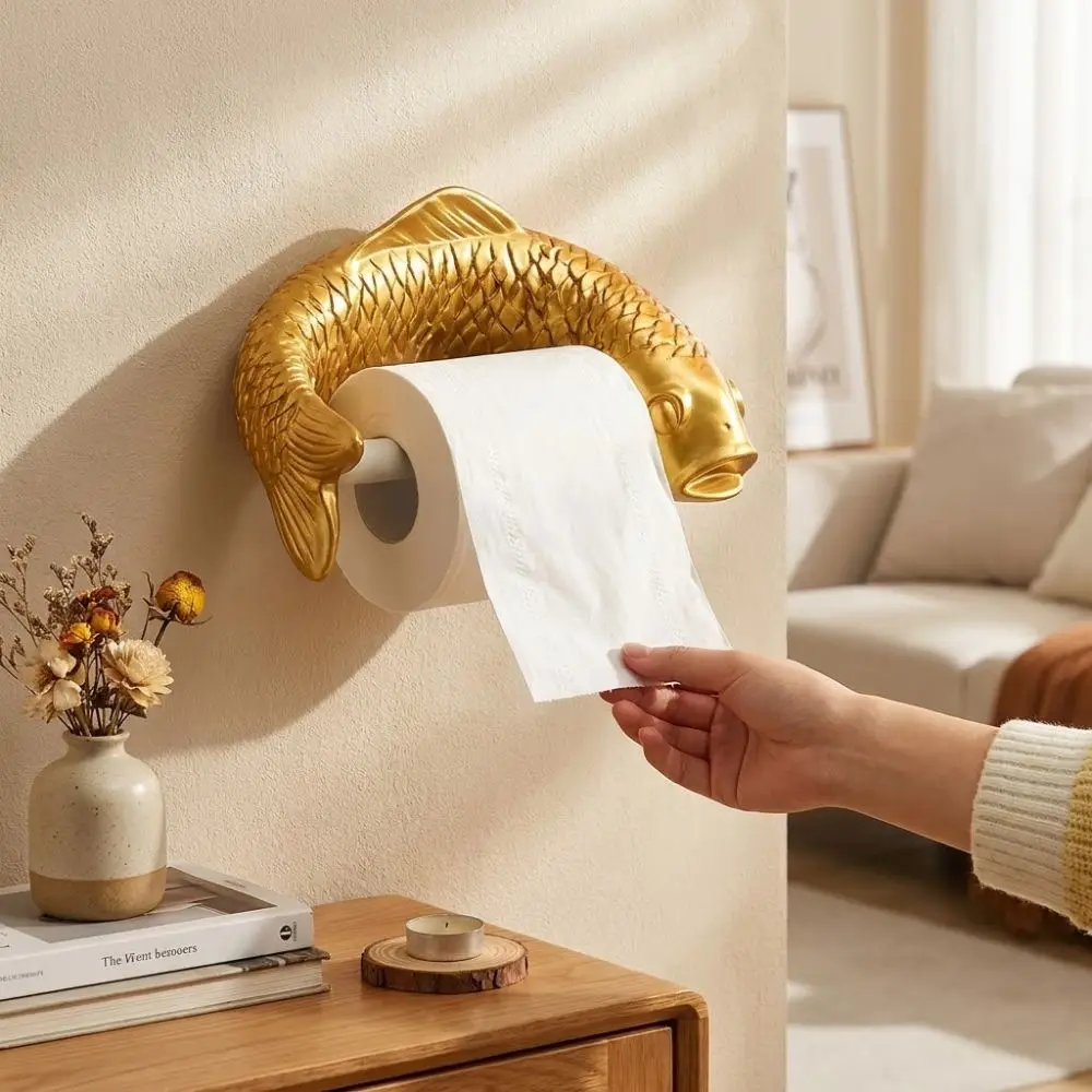 Golden Carp Toilet Paper Roll Holder Wall-Mounted Waterproof Plastic Bathroom Tissue Dispenser Punch-Free Vintage view 5