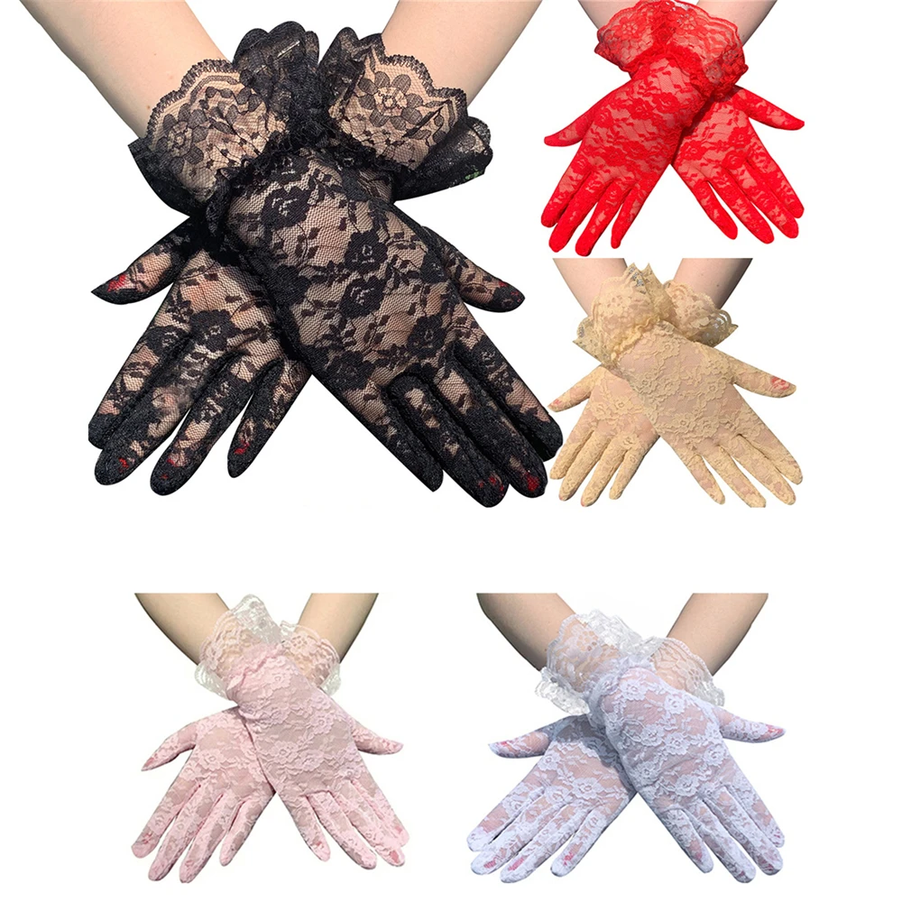 A Pair Women Vintage Sheer Short Lace Gloves Bride Wedding Gloves Derby Tea Party Wrist Length Floral Gloves