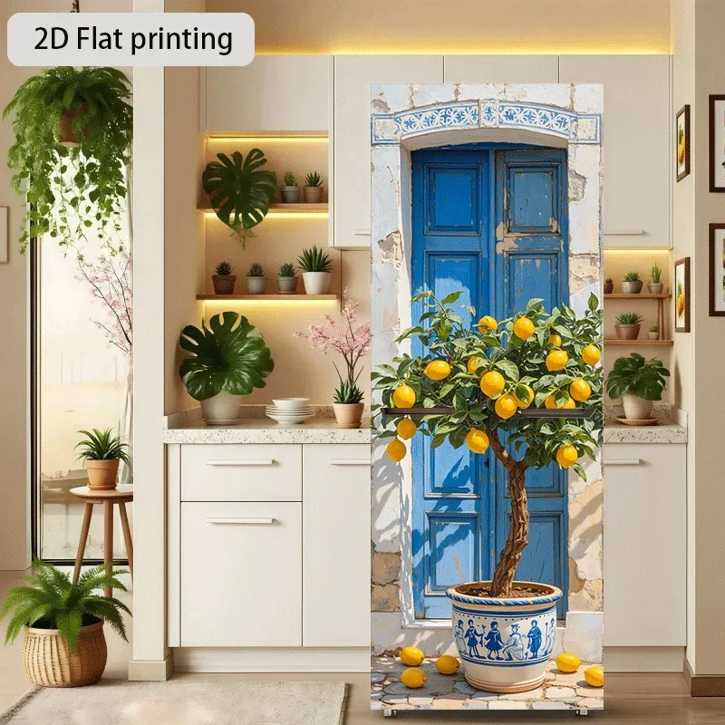 60×180cm Blue Door Lemon Tree Themed Kitchen Home Decor Wallpaper Self-Adhesive, Suitable for Cabinets, Wardrobes, Modern Kitc