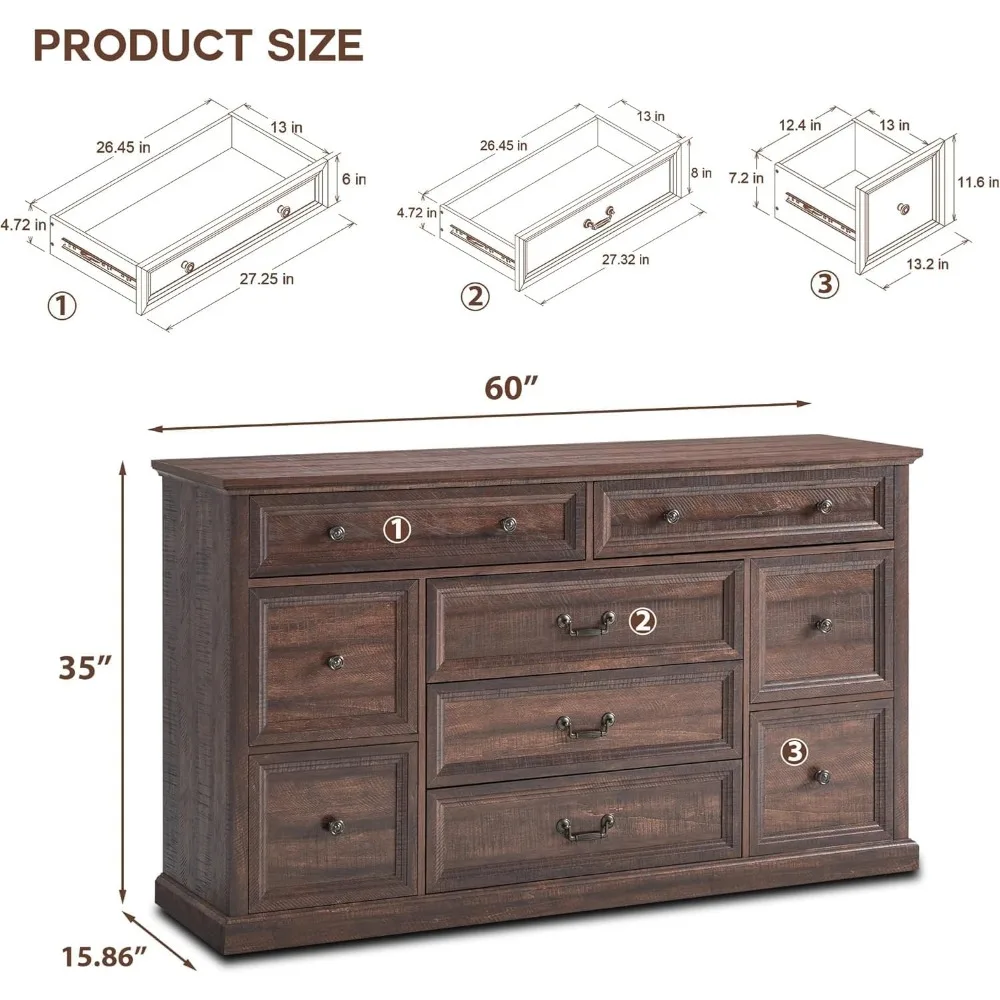 Farmhouse 9 Drawers Dresser for Bedroom, 60