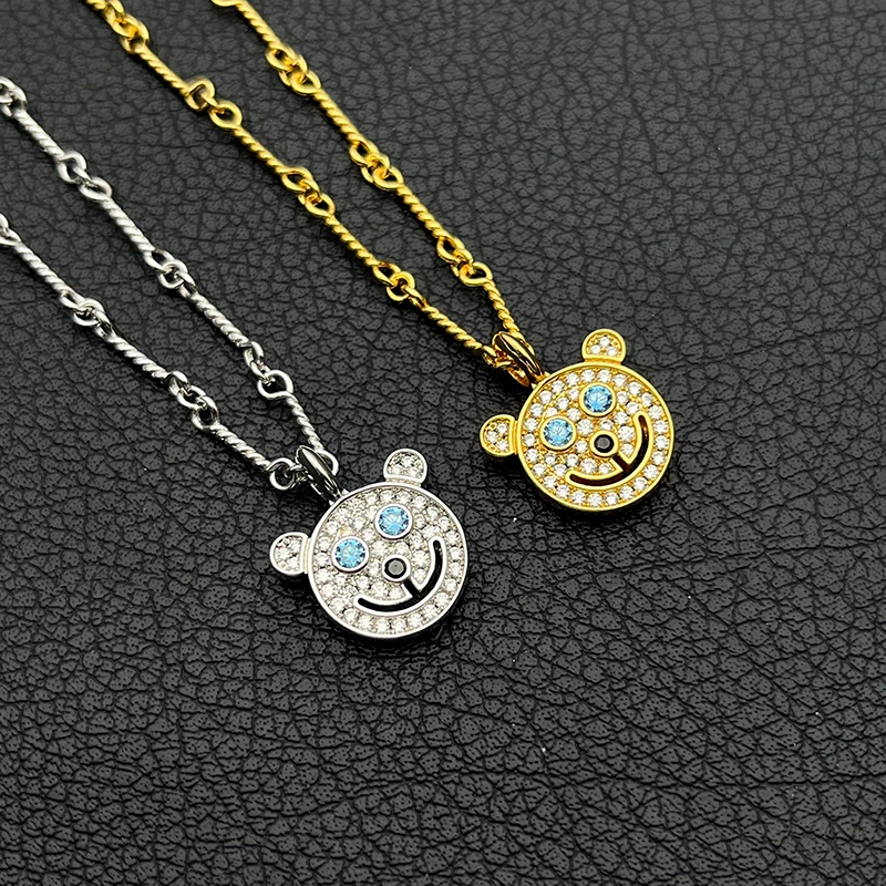 Viral‑style Shiny Panda Smiley Pendant Necklace, Full‑Inlaid Diamond Panda Smiley Neck Chain Daily Wear Luxury Brand Jewelry