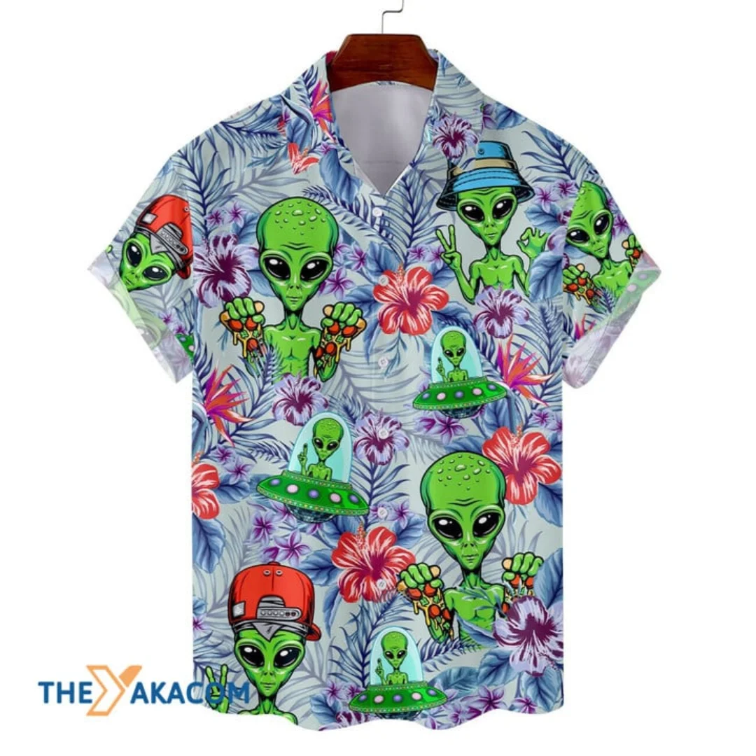 Tropical Alien Hawaiian Shirt for Men Women, Tropical Summer Beach Aloha Button Down Short Sleeves