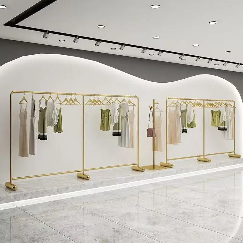 Custom. [Paint Anti-Rust] Clothing Store Display Stand Floor-Standing Internet Celebrity Gold Iron Thickened Clothes Rack Light