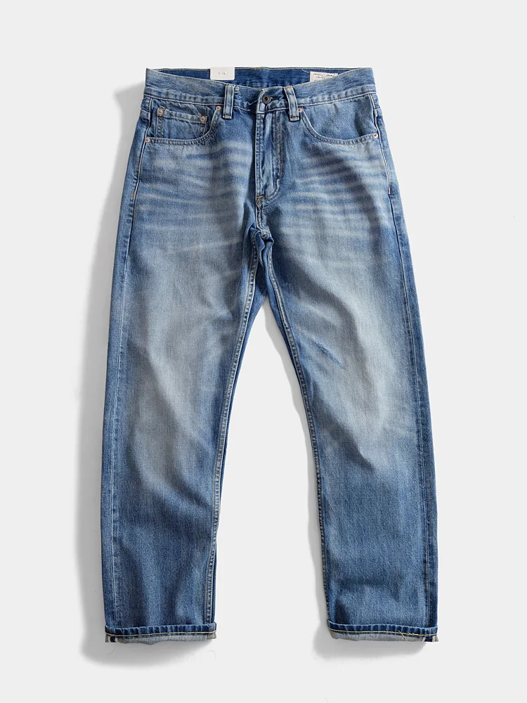 

Тяжелые свободные прямые джинсы из чистого хлопка, винтажные американские выцветающие белые японские мужские повседневные длинные джинсы