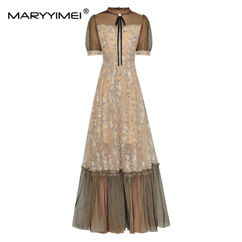 

MARYYIMEI Summer Fashion Women's Dress see-through Mesh Short sleeved Flower embroidery Sequin Vintage Elegant Dresses