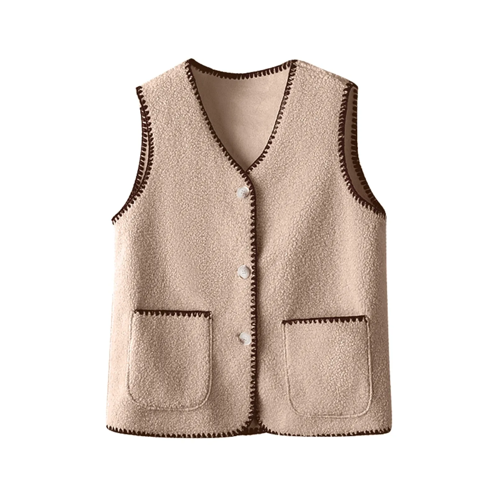 Women's V-neck Plush Vest Autumn and Winter Korean Furry Solid Color Patchwork Sleeveless Cardigan Button Pocket Vest Tops