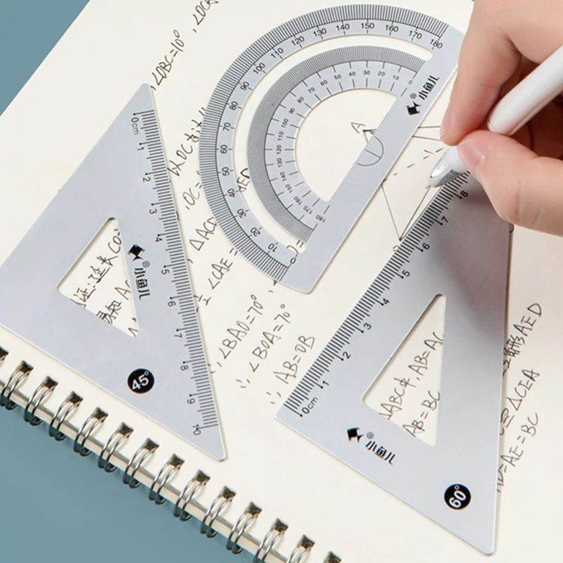 4Pcs/Set Aluminium Ruler Set Metal Geometry Maths Drawing Compass Rulers School