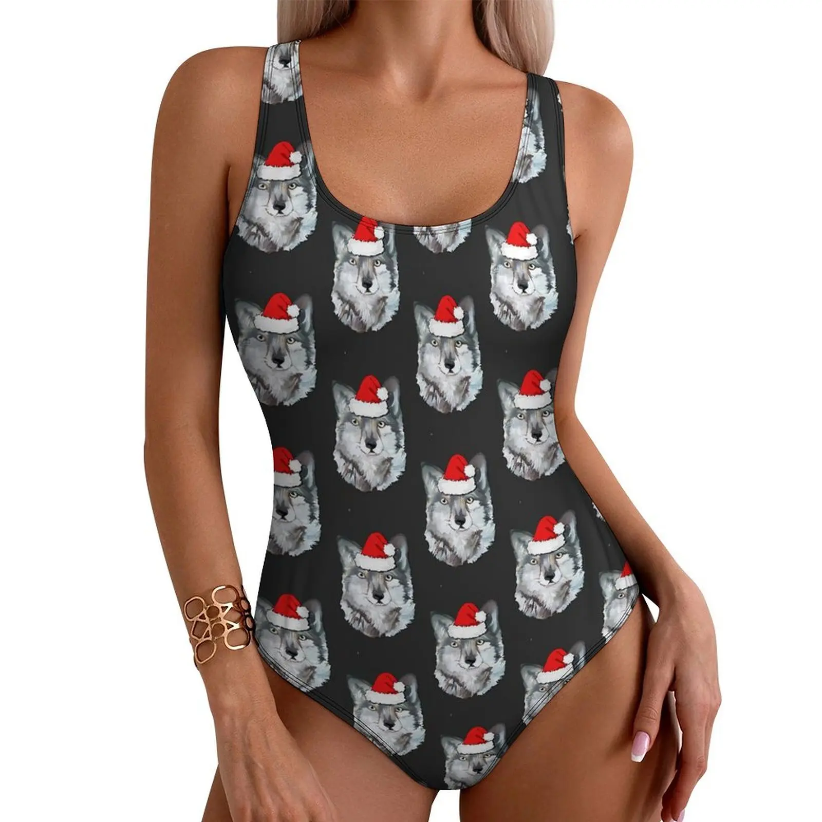 Christmas Wolf Swimsuit Funny Animal Print One Piece Swimwear Push Up Aesthetic Monokini Sexy Surfing Printed Beachwear