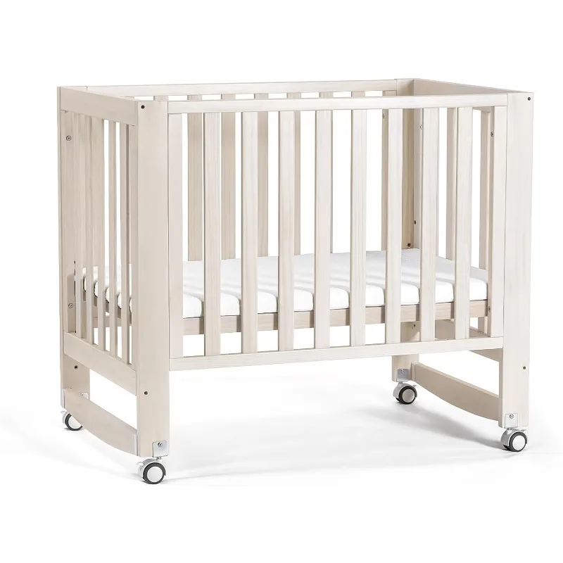 6 in 1 Convertible Mini Crib with Wheels, 100% New Zealand Pinewood Growing Bed, 4 Adjustable Mattress Heights