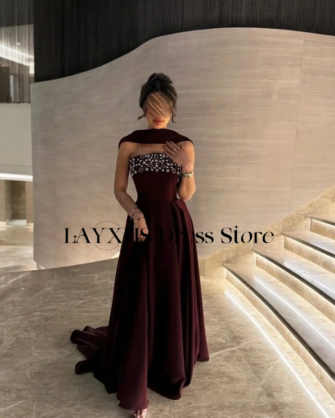 

LAYXHS Luxury Dark Red Strapless Evening Dresses A-Line Beaded Floor-Lenght Pleat Prom Dresses Customized فساتين سهره