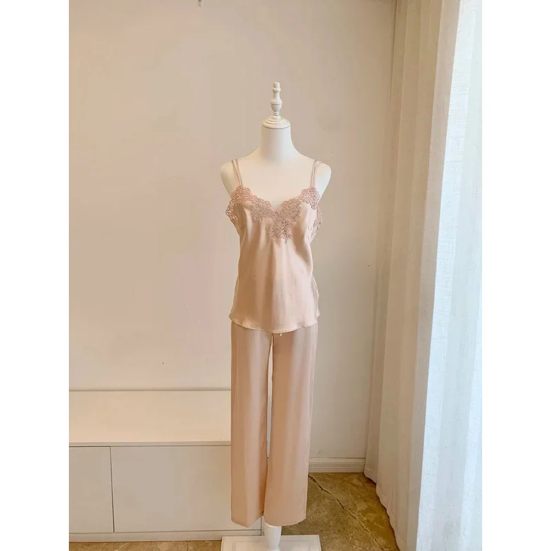Women Embroidery Trim Strapless 100% Silk Camisole + Elastic Waist Wide Leg Pants
