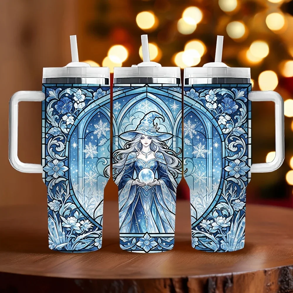 40oz Insulated Tumbler with Handle, Features Winter Ice Witch Stained Glass Print, Ideal Festival Birthday Gift for Witch Lovers, Suitable for Daily And Outdoor Use, Keeps Drinks Temperature for Long Time