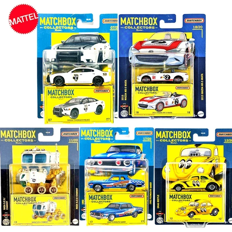 Mattel-coches Matchbox originales para niños, juguetes de coleccionistas, Dodge Charger, policía, Plymouth Savoy, Mazda, MX-5, Miata, Drag Beetle,