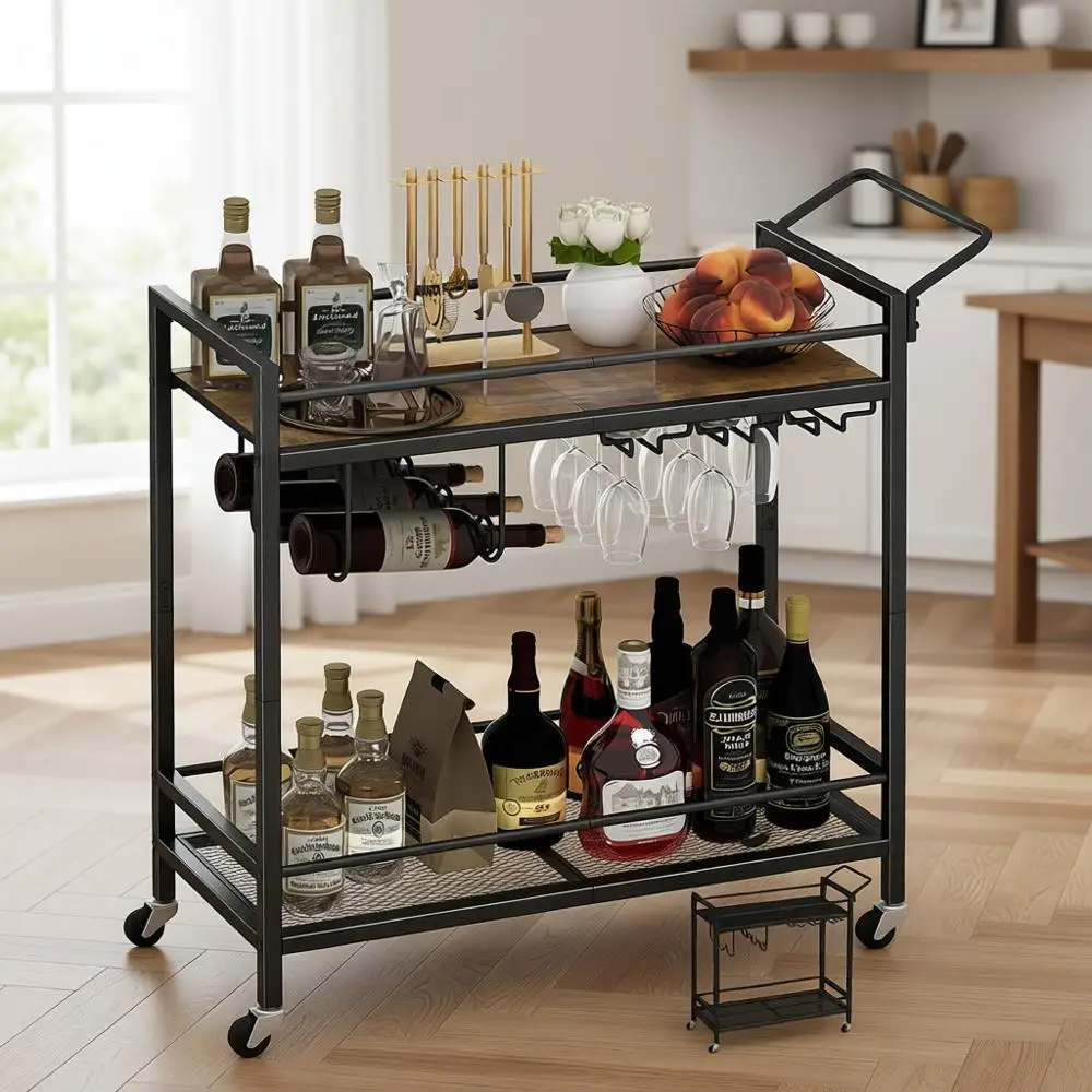 

Versatile Mobile Bar Cart with Dual-Color Top Shelf, Wine & Glass Holder for Kitchen, Dining, Living Rooms