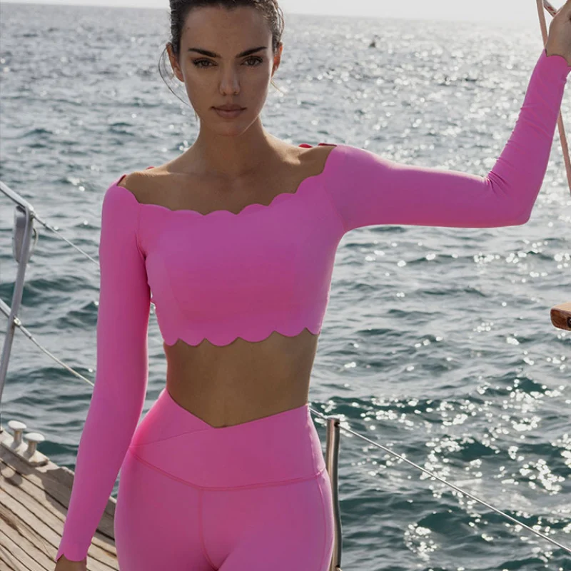 FUBEIKE Off-Shoulder Shell Yoga Long Sleeve Sports For Women Lace Gym Top With Chest Pads Tops Slimming Workout Activewear