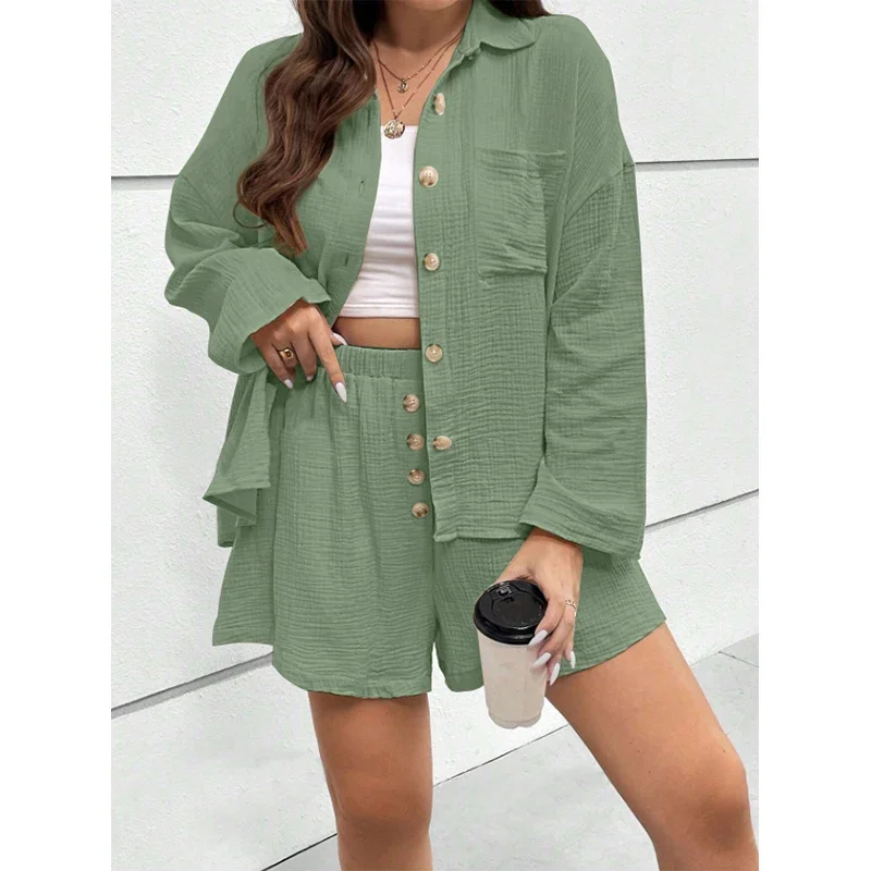 

Muslin 100% Cotton Gauze 2 Piece Sets Women Outfit Trun Down Collar Long Sleeve Top Shirt + Elastic Waist Shorts Set Casual Suit