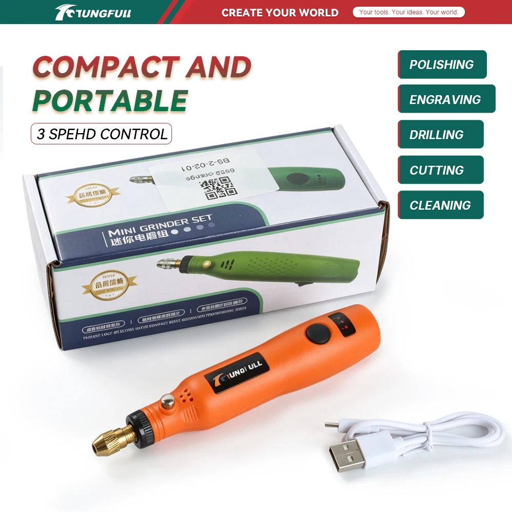TUNGFULL Portable Cordless Rotary Tool 3 Speed Adjustable Mini Drill Grinder Engraver for Wood Metal Glass DIY
