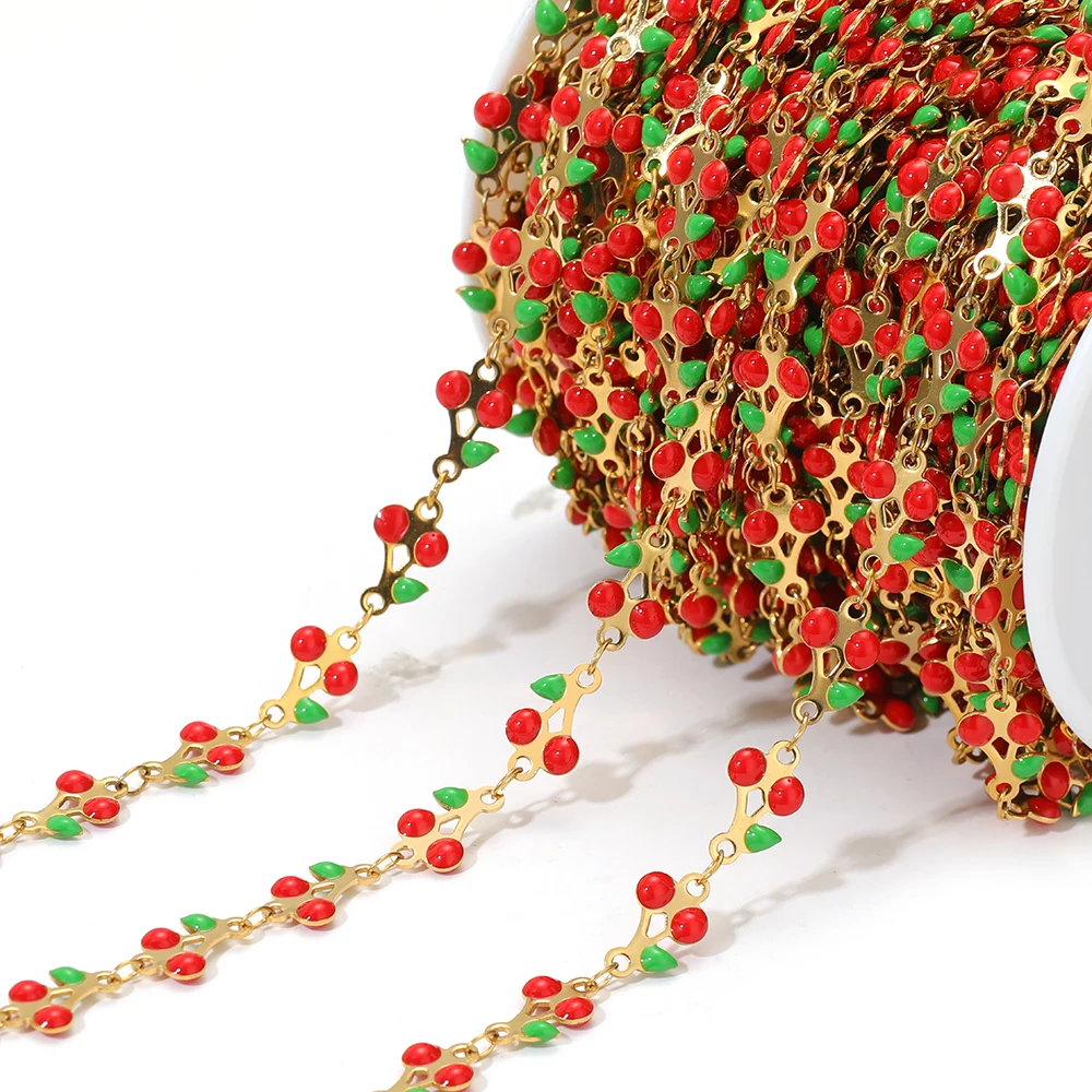 1 Meter Stainless Steel Cute Enamel Cherry Sweet Chains for DIY Jewelry Women Girls Necklace Bracelets Findings Earrings Making