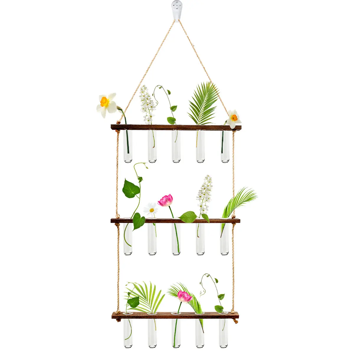 Wall Hanging Planter Terrarium 3 Tiered Plant Propagation Stations with 15 Clear Test Tubes and Wooden Stand Retro Mini Test