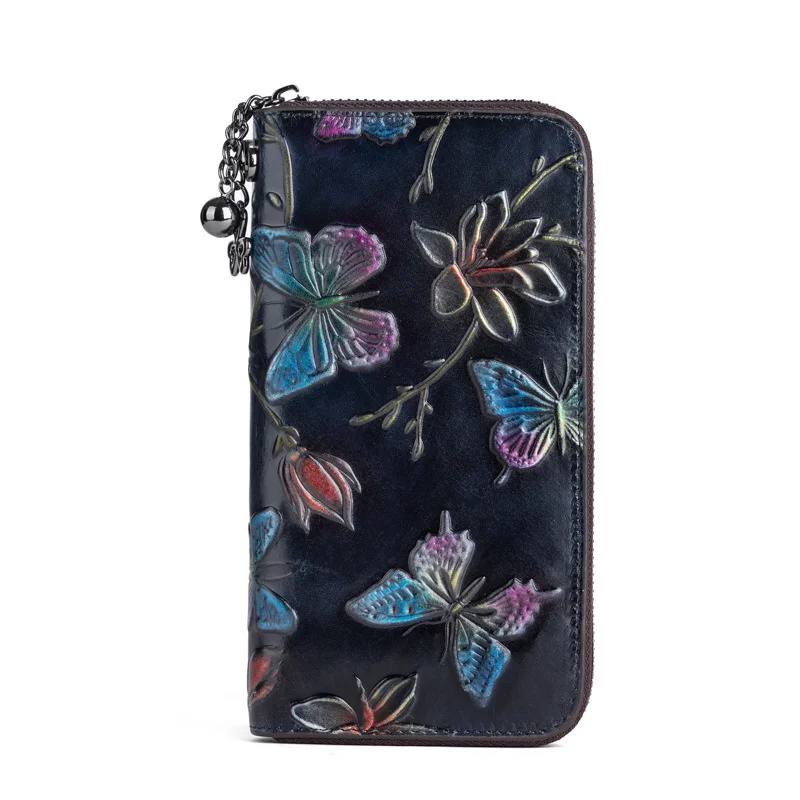 GAGACIA Vintage Embossed Long Wallets For Women Genuine Leather Purse Hand Painted High Quality Butterfly Wallet ID Card Holder