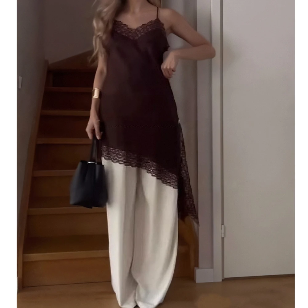 Sexy Satin Lace Splicing Sling Dress for Women Elegant Irregular Hem V Neck Sleeveless Backless Lady Chic Party Club Vestidos