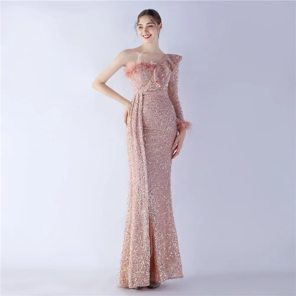 Sladuo-Robe de cocktail longue fendue à manches 3/4 avec plumes pour femme, robe formelle sirène élégante à paillettes, une initiée