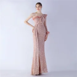 Sladuo Women's Elegant  Sequinne One Shoulder 3/4 Sleeve With Feather Cocktail Party Split Long Paty Mermaid Formal Dress