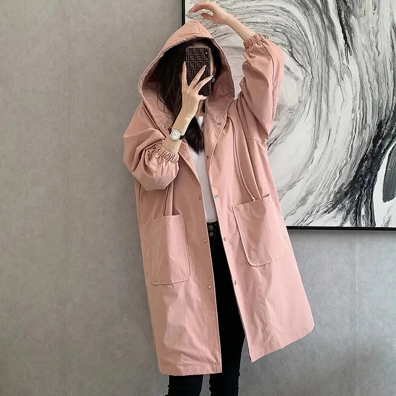 Spring Autumn Casual Korean Fashion Hooded Medium Long Overcoat Loose Windproof Coat Women Trench Coat Solid Color Pocket