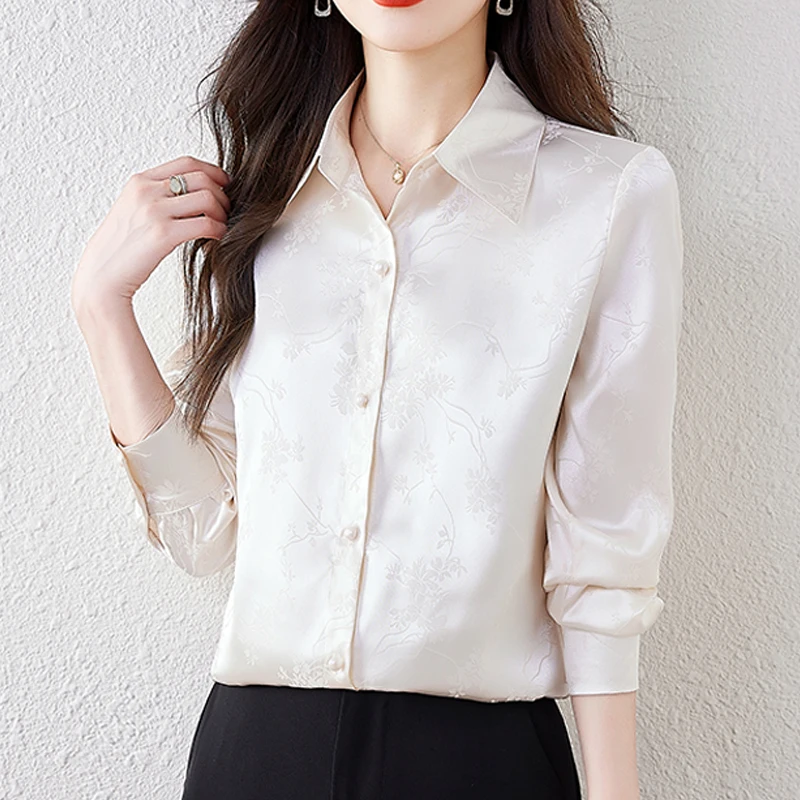 

2025 Fashion Women's Satin Shirts Blouses Vintage Jacquard Long Sleeved Office Ladies Slim Blouses Tops Casual Female Clothes