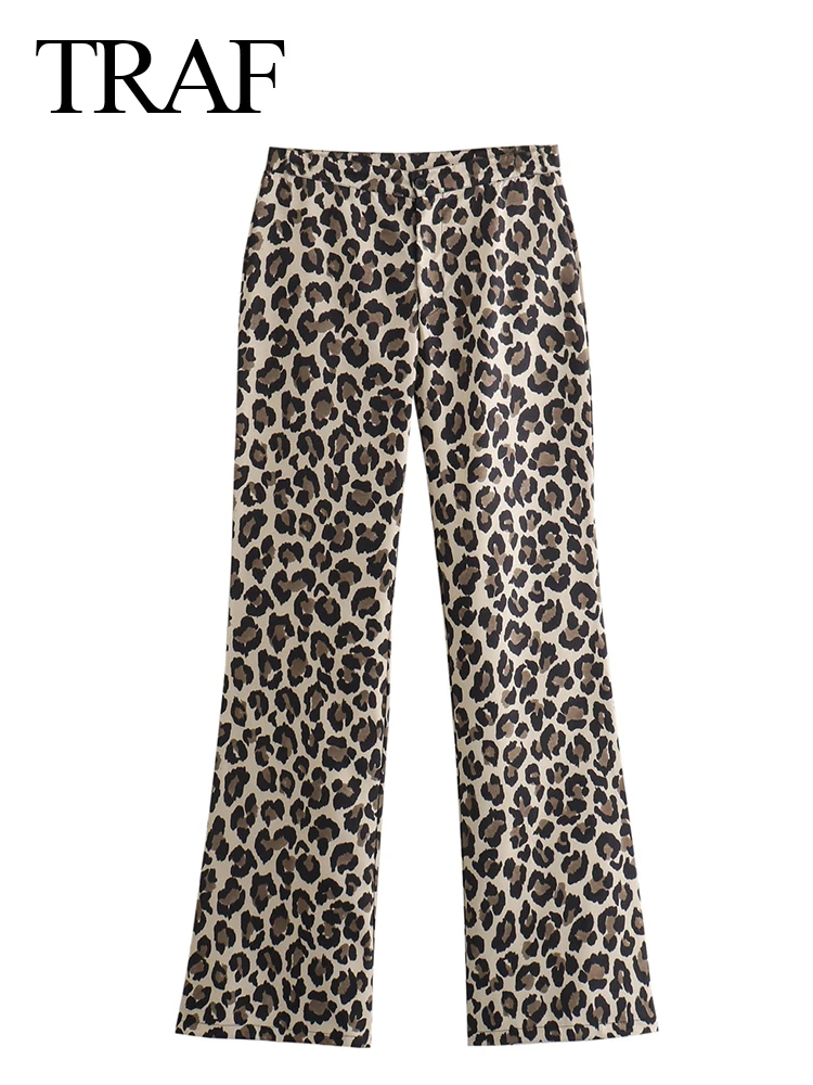 TRAF 2024 Women Vintage Leopard Printed Pant Female Spring Zipper High Waisted Full Length Casual Female Trousers Y2K Loose Pant